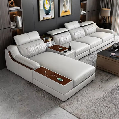 -Italian modern multifunctional sofa light luxury Faux Leather sectional sofa couch with USB charging and bluetooth speaker