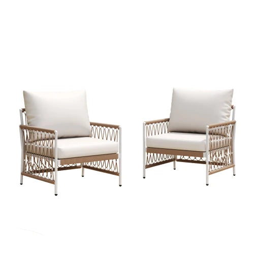 [Set of 2] Bohemian Outdoor Lounge Chair with Handwoven Rope & Powder-Coated Steel Frame, Waterproof Cushions