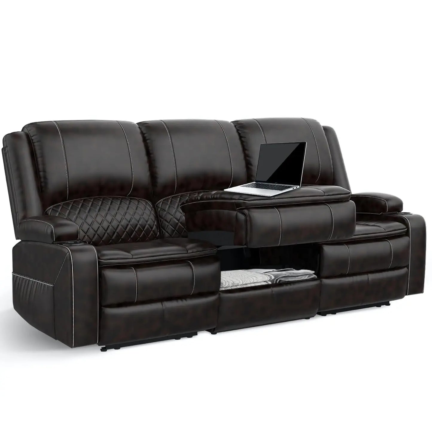 3 Seat Recliner Sofa with Console, Armrest, PU Leather, Cup Holders, USB Ports, Living Room/RV, Customized