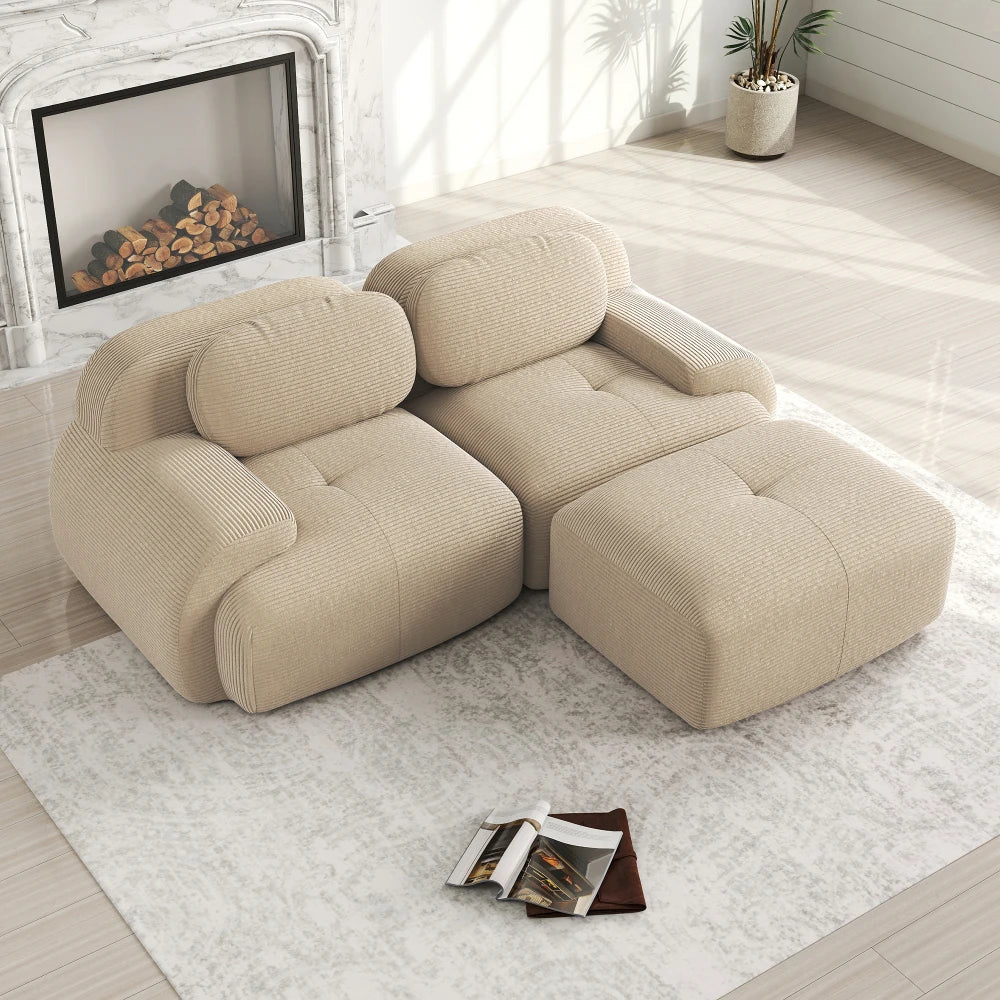 82'' Corner Sofa in Soft Cord Fabric, Modular Combined with Curved Armrests, Without Mounting, Highly Elastic Foam Upholstery