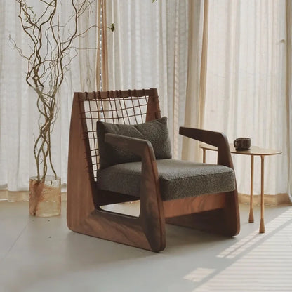 Medieval Style Solid Wood Rope Leisure Chair Retro Single Sofa Chair Wabi-sabi High-end Home Cafe Rattan Single Chair