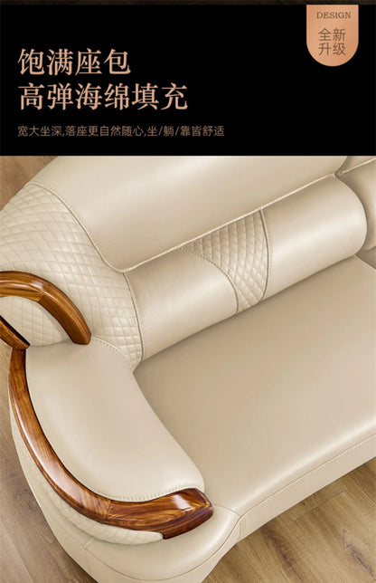 A38 Leather Sofa Luxury Villa Living Room New Chinese Style First Layer Cowhide European Solid Wood Home