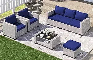 7-piece outdoor patio set, rattan chairs, glass table, wicker sectional for conversation seating