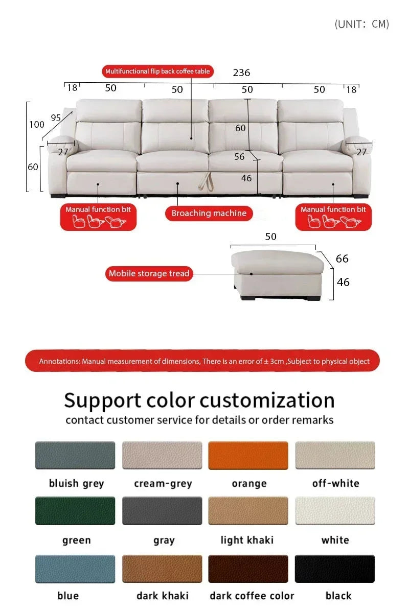 L-shaped Living Room Sofa Leather Electric Recliner Sofa Multi-functional Sofa Bed Folding Small Furniture with Storage Space