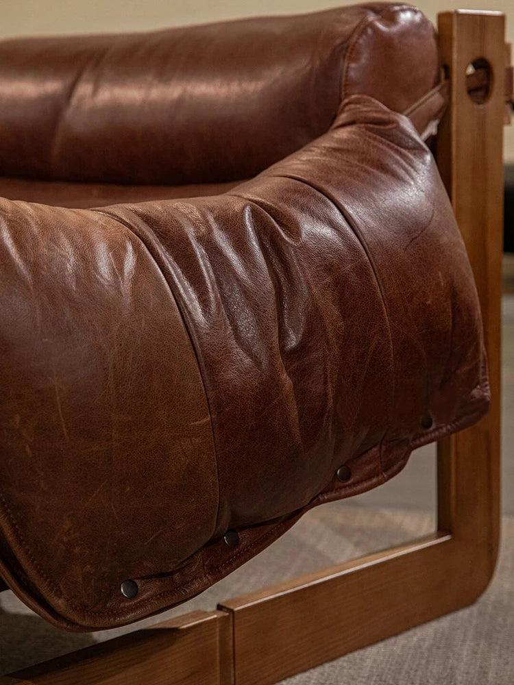 Casual leather recliner retro solid wood reading chair