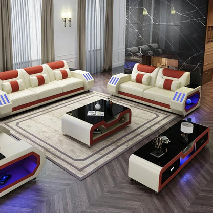 Futuristic LED Italian Genuine Leather Sofa Set – Modern Sectional Couch with Illuminated Arm Storage and High-Density Cushions