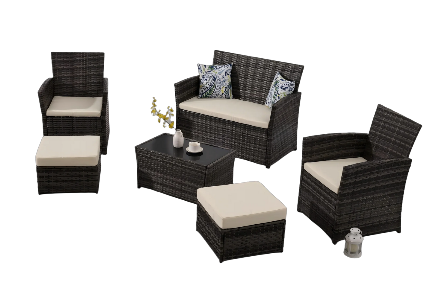 6 Pieces Outdoor Patio Furniture Set, Wicker Sectional Sofa Patio Conversation Set Couch with Ottomans Rattan Chair and Table fo