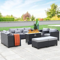 7 Piece Outdoor Furniture Set with 60000 BTU Propane Fire Pit Table and Slip-Resistant Cushions for Patio