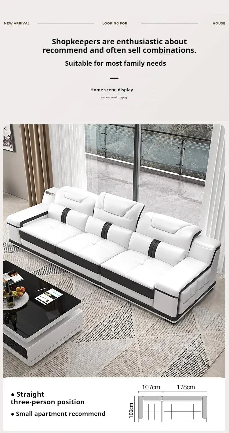 Luxury Italian Genuine Leather Sectional Sofa Set With Bluetooth Speaker And USB Ports Cow Leather Divano Living Room Furniture