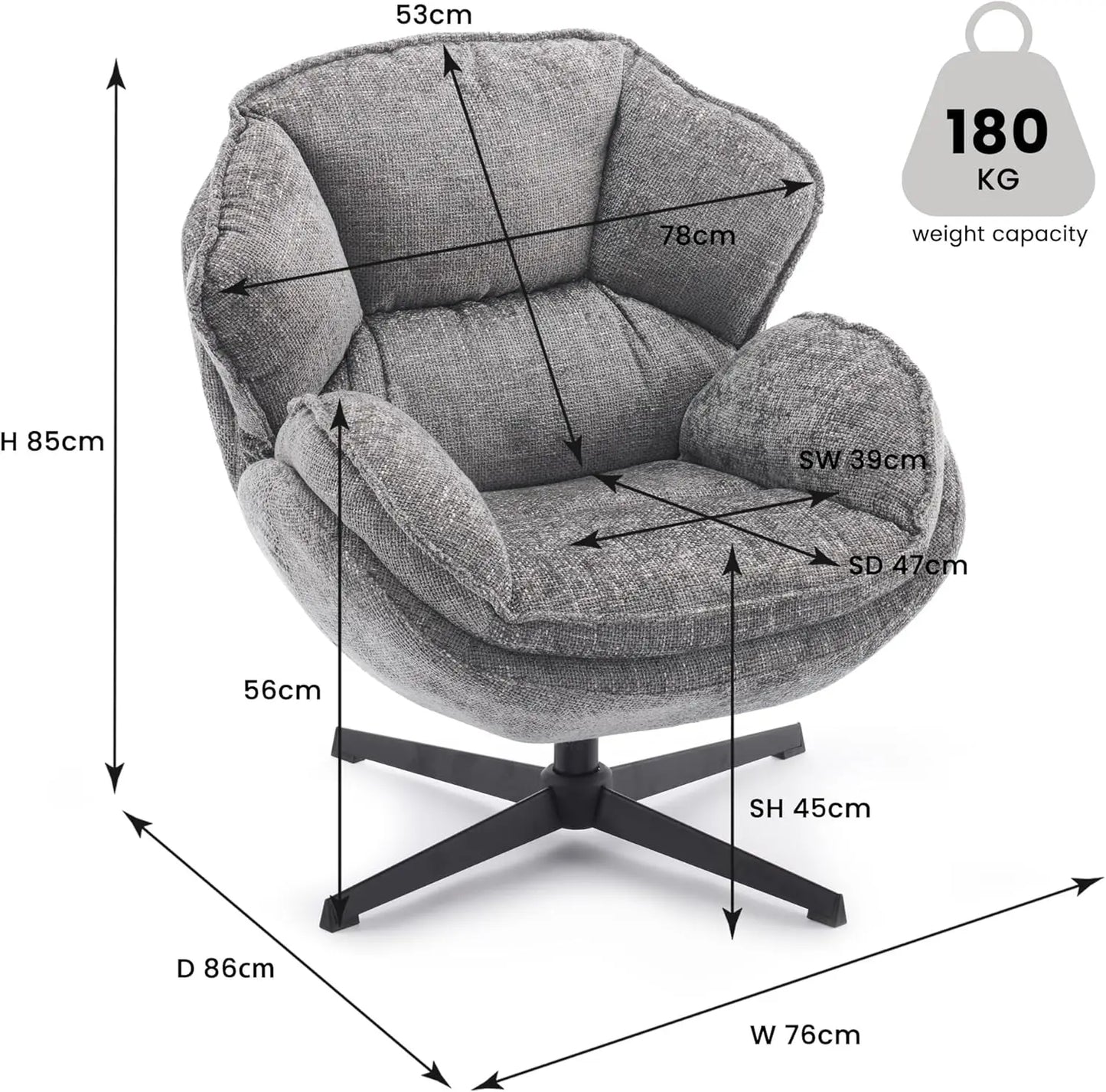 Swivel Accent Chair, Upholstered Armchair with Metal Legs, Gray