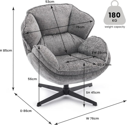 Swivel Accent Chair, Upholstered Armchair with Metal Legs, Gray