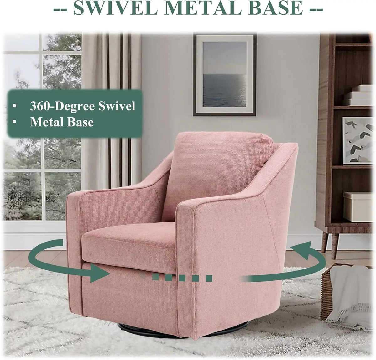 Swivel Accent Chair, 360° Rotation Chenille Fabric Upholstered Leisure Armchair with Lumbar Pillow for Living Room Bedroo