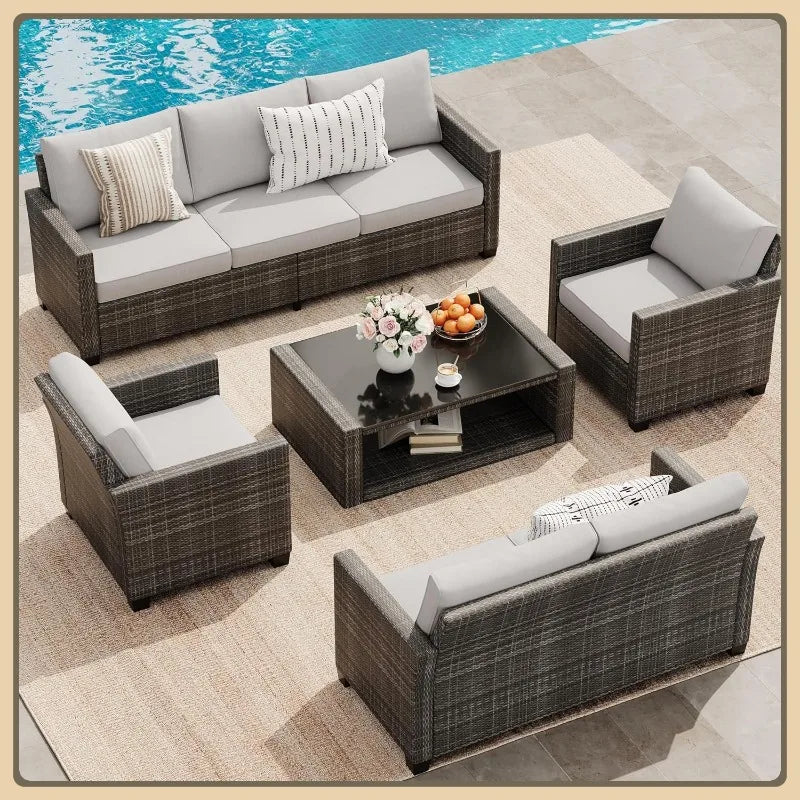7-Seater Outdoor Sofa Set, 5-Piece Rattan Furniture with Table & Blue Cushions for Garden, Patio