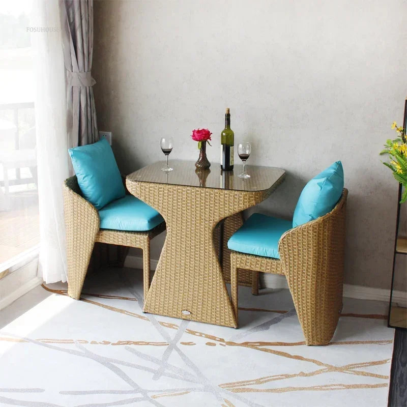 Balcony Rattan Garden Furniture Set 3-piece Patio Leisure Table and Chairs Courtyard Terrace Outdoor Round Table and Chairs T