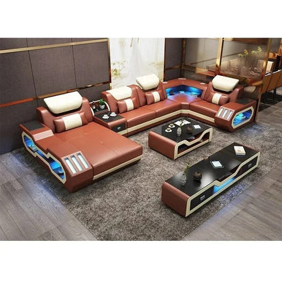 Modern LED Lighted Sofa Set with Recliner, Adjustable Headrest & Console | Luxury Leather Sectional Couch | Futuristic Furniture