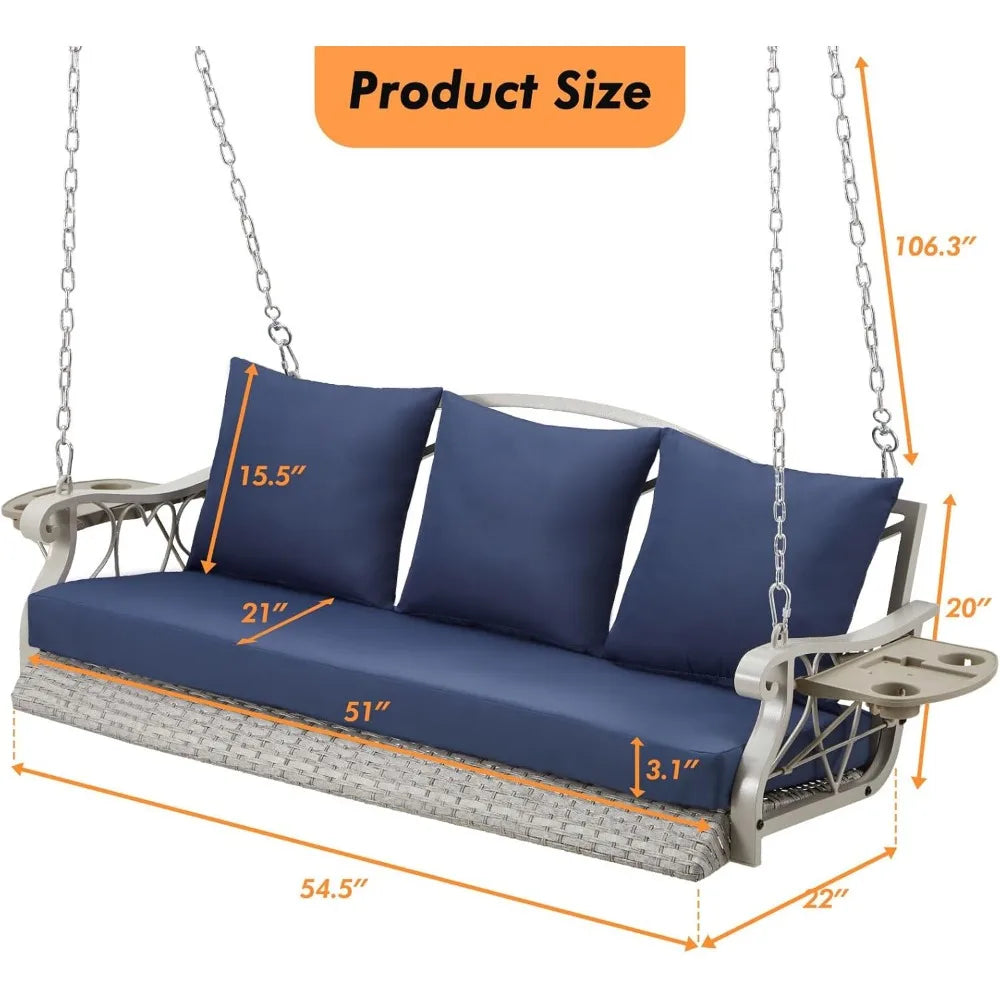 3-Person Heavy Duty Porch Swing Chair Outdoor Wicker Lounge with Cup Holder and Steel Chains, 900 LB Capacity
