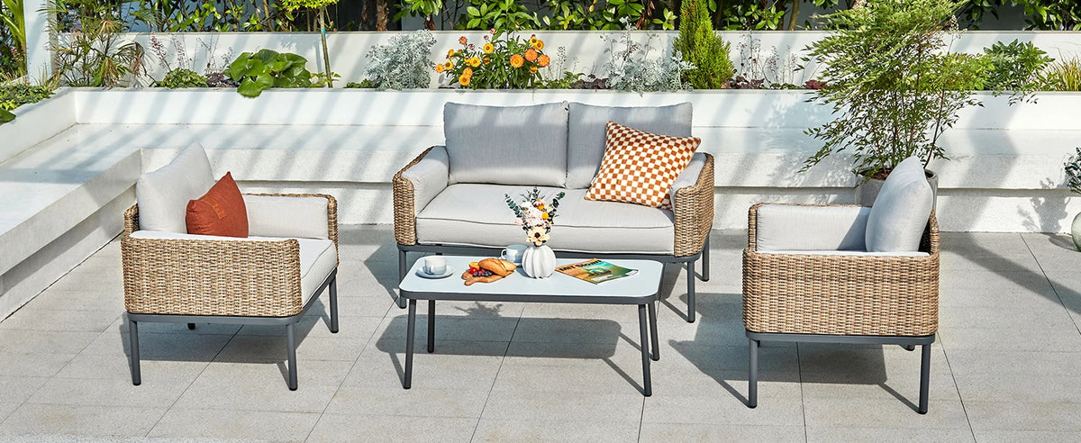 4-Piece Wicker Patio Furniture Set, All-Weather Rounded Rattan Conversation Set Sectional Sofa with 5'' Thick Cushions