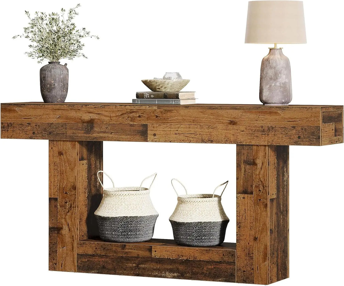 Rustic 2-Tier 63 Console Table with Storage for Entryway, Living Room, and Hallway in Brown & Gray