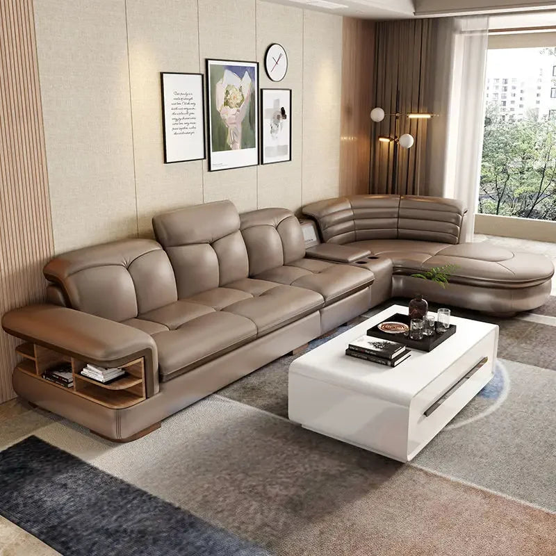 Luxury L-Shaped Genuine Leather Sectional Sofa Sets with USB, Bluetooth Speaker - MINGDIBAO Living Room Italian Leather Couches