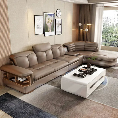 Luxury L-Shaped Genuine Leather Sectional Sofa Sets with USB, Bluetooth Speaker - MINGDIBAO Living Room Italian Leather Couches
