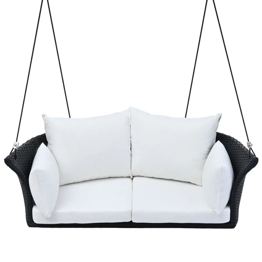 GO 51.9 2Person Hanging Seat Rattan Woven Swing Chair Porch Swing With Ropes Black Wicker And White Cushion