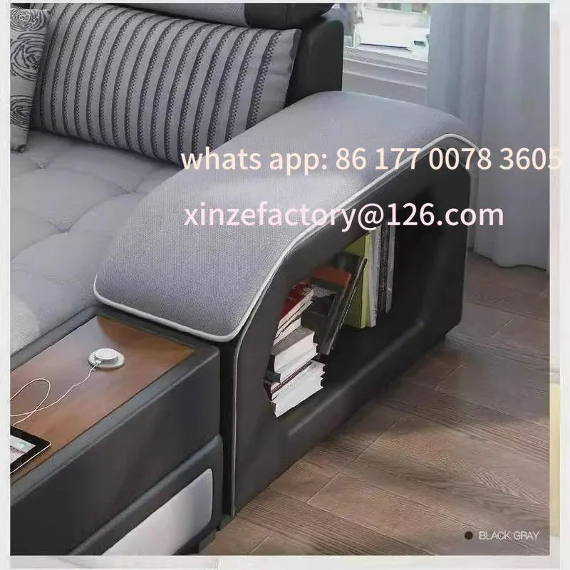 Customizable U-Shaped Sectional Fabric Sofa Set - Modern LivingRoom Furniture with Storage, Built-in Side Table, USB,andCushions