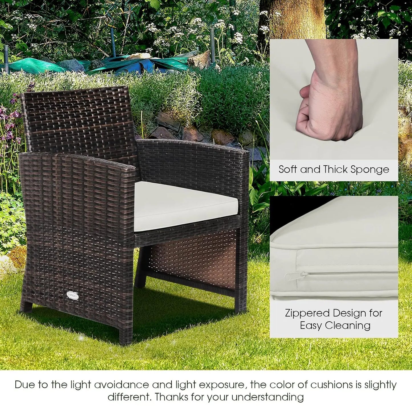 3 Pieces Outdoor Wicker Conversation Set with Waterproof Cover, 2 Patio PE Rattan Cushioned Chairs with Side Storage Table, Suit