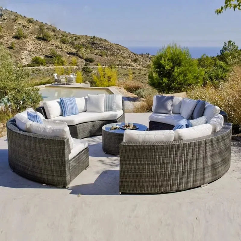 Outdoor round sofa, casual rattan curved sofa coffee table combination