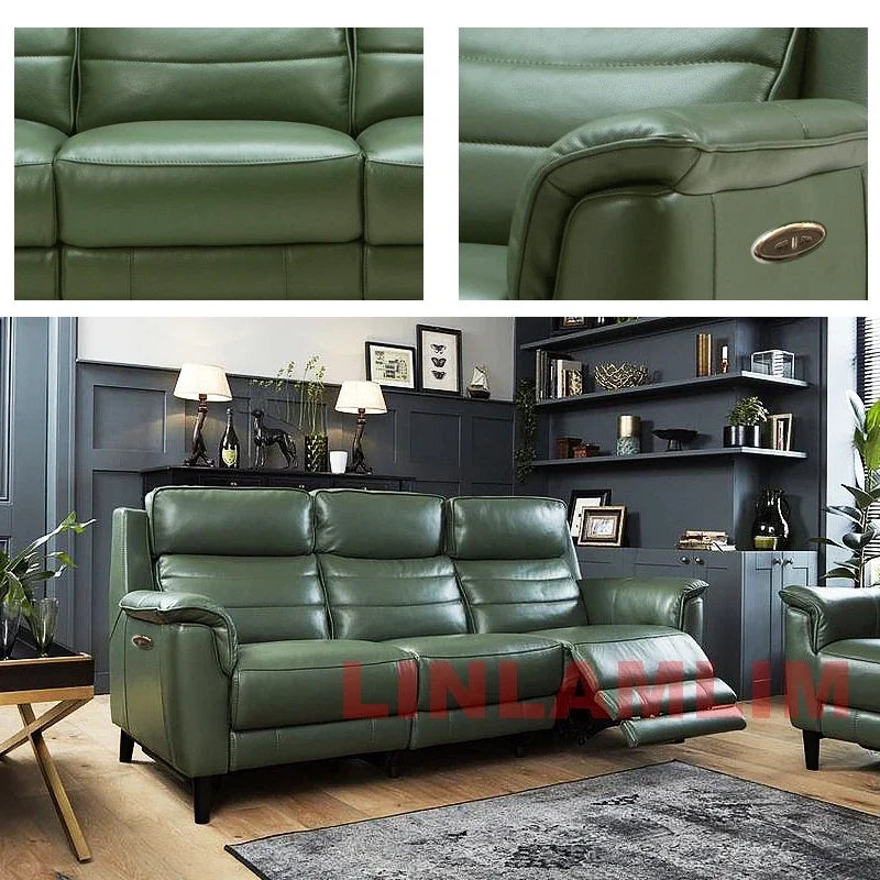 MANBAS Luxury Power Reclining Sofa - Modern Genuine Leather 3-Seater Couch with Footrests & USB, Electric Recliner Home Theater