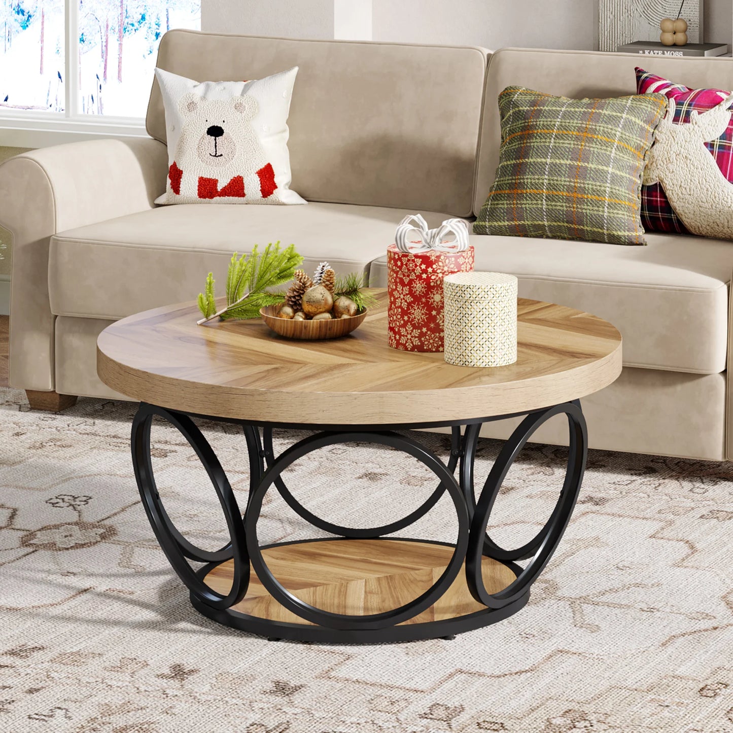 Tribesigns 31.7" Round Coffee Table, Industrial 2-Tier Circle Coffee Table with Storage Shelves, Modern Wooden Sofa Side Table