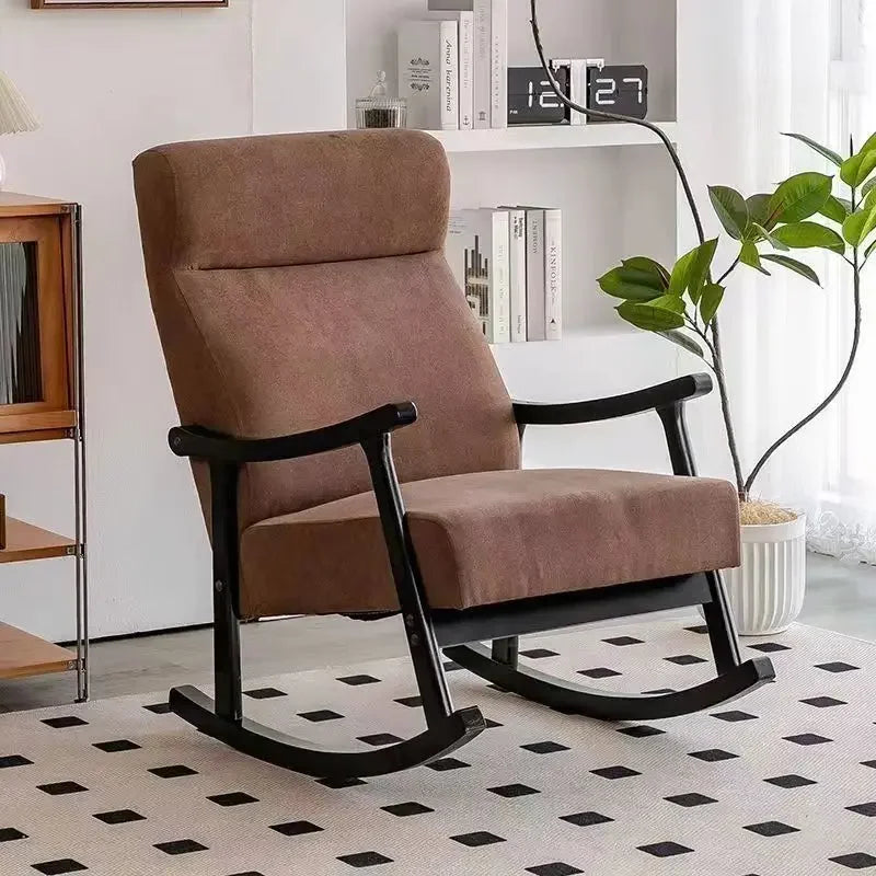 Wooden Rocking Chair Lounge Chair High Backrest Rocking Armchair Accent Chair with Lumber Pillow