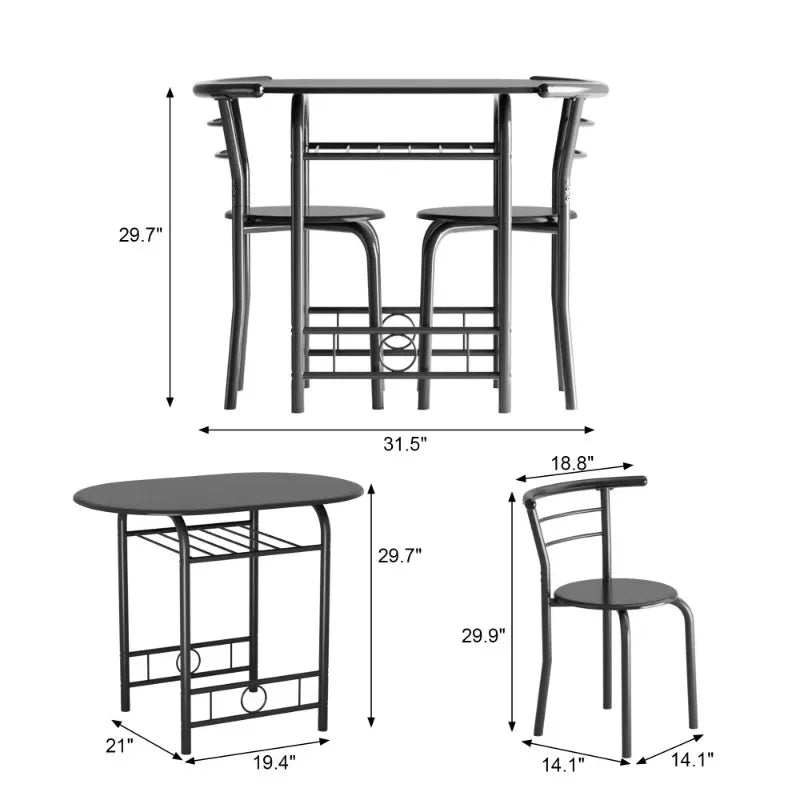 Vineego 3-Piece Small Kitchen Dining Set for 2 Black Wooden Table And Chairs Space Saving Breakfast Set