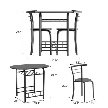 Vineego 3-Piece Small Kitchen Dining Set for 2 Black Wooden Table And Chairs Space Saving Breakfast Set