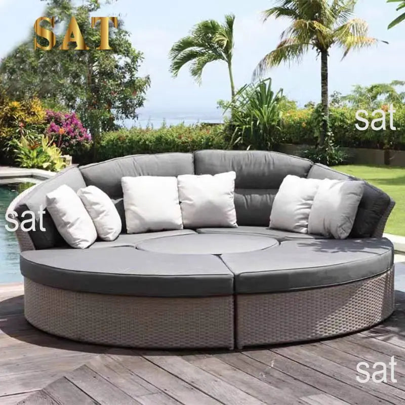 Modular Outdoor Garden Sofa Set With Height Adjustable Lifting Table Sunbed Shape Sun Lounger