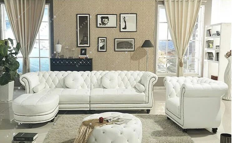 Hot Sale Modern White Leather Sofa Set Furniture  Chesterfield 321 Sofa Leather Living Room Sofas