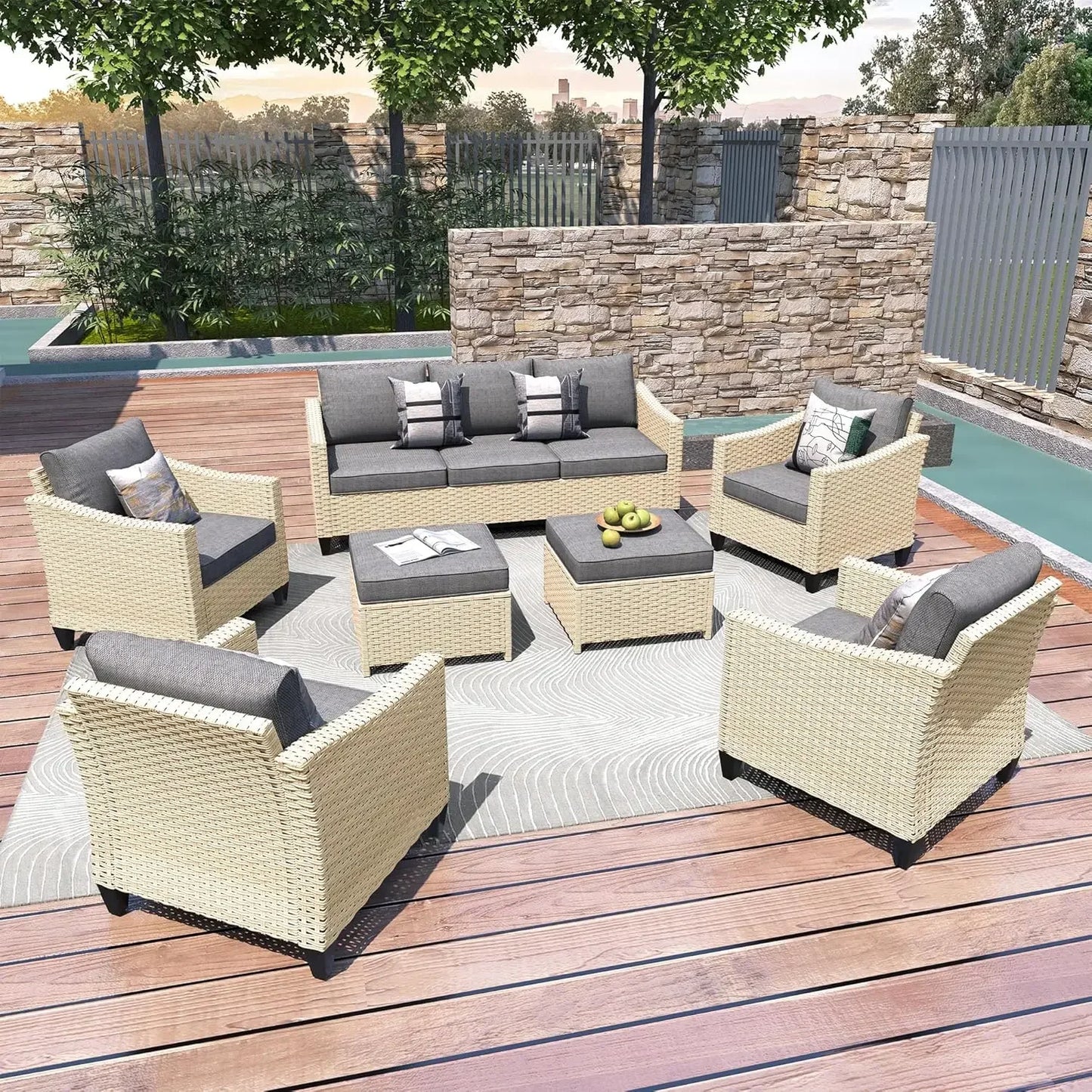 Wicker Patio Furniture Set Modern Outdoor Conversation  Sofa with Cushion and Ottomans for Garden, Poolside, Backyard