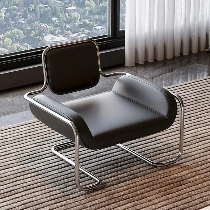 Bauhaus Style Leather Accent Chair Stainless Steel Frame Modern Lounge Chair for Living Room Office Reception