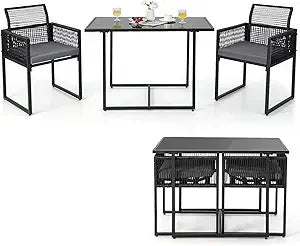 Outdoor 3-Piece Dining Set: Patio Rattan Furniture with Cushioned Seats and Tempered Glass Top