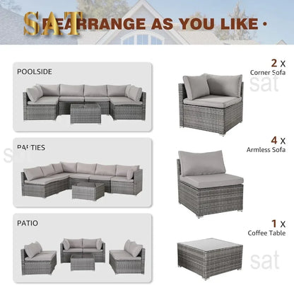 y 7-piece courtyard furniture set, modular wicker outdoor segmented sofa, PE wicker outdoor setL  W   H  28.5*25.6*25.6 inch