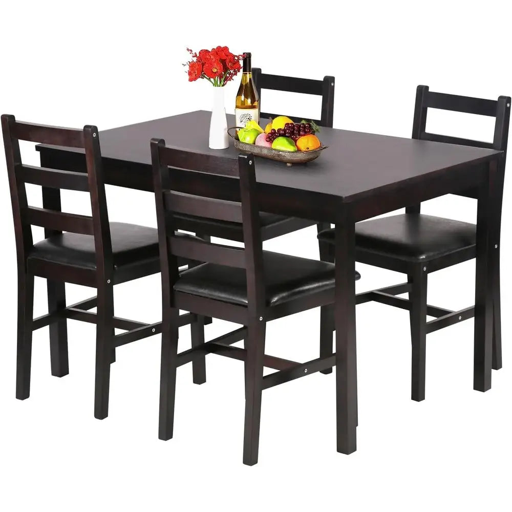 Brown Pine Wood 5-Piece Dining Set with Upholstered Chairs for 4, Ideal for Space-Efficient Dining in Rooms, Apartments, and Res