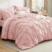Queen Comforter Set Pink Bed in a Bag Queen Size 7 Pieces GentleSoft™ Pintuck Bed Set Gift for Family Pinch Pleat Pink Comforter