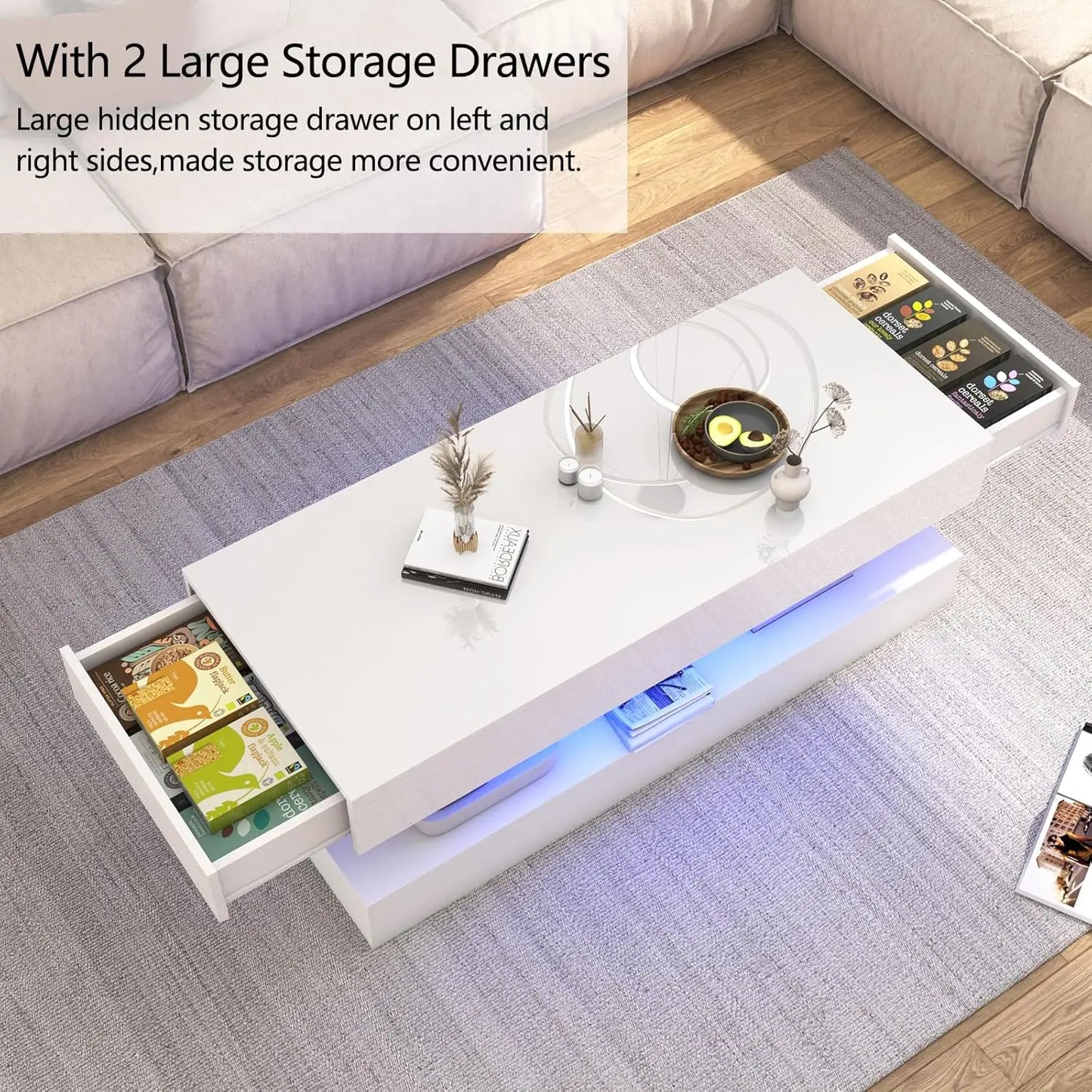 Modern Stylish Coffee Table with LED lights, Double-Layer Design for Living Room Coffee Table with 2 Storage Drawers