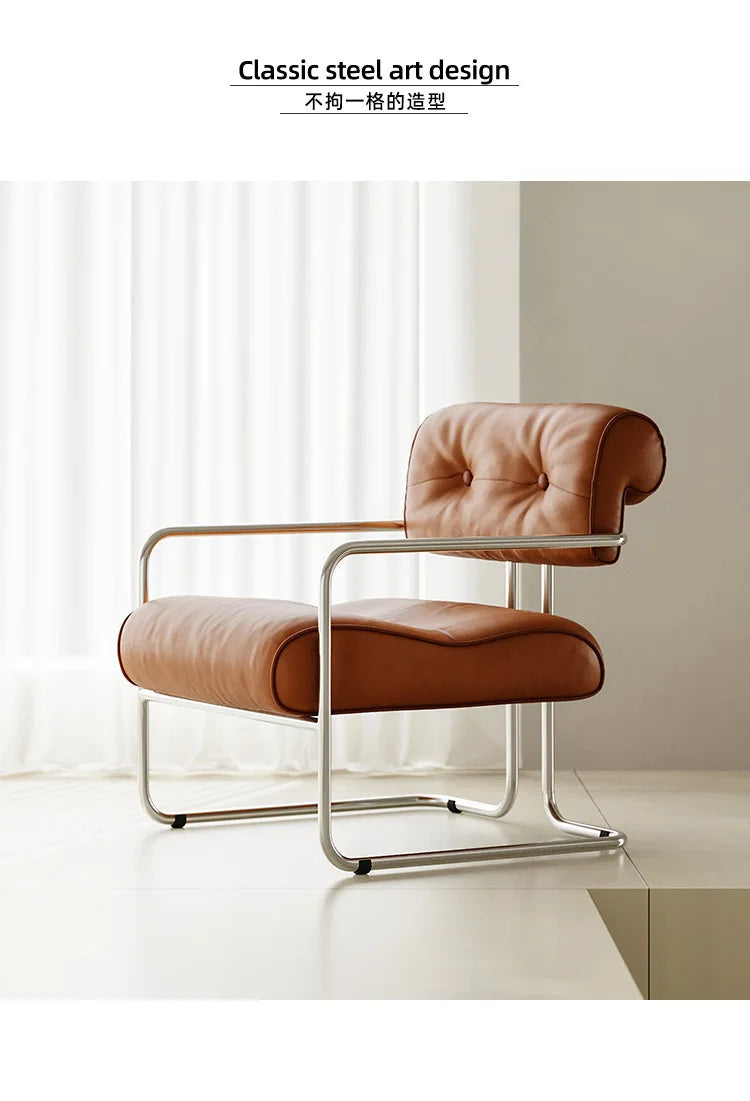 French light luxury stainless steel leather single sofa chair bedroom living room creative leisure chair cafe back dining chair
