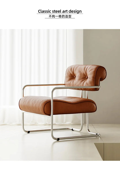 French light luxury stainless steel leather single sofa chair bedroom living room creative leisure chair cafe back dining chair