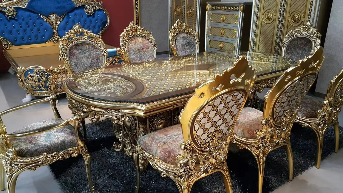 French Royal Baroque Dining Set — Hand-Carved Solid Wood Table with Upholstered Chairs, Luxury Gold for Villa/Hotel