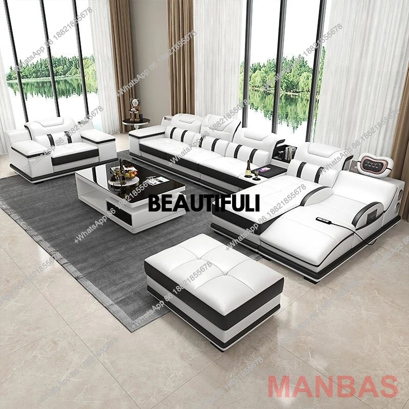 Italy Genuine Leather Sectional Sofa with Bluetooth Speaker,Functional Headrest,Massage Chaise | L Shape Corner Couch