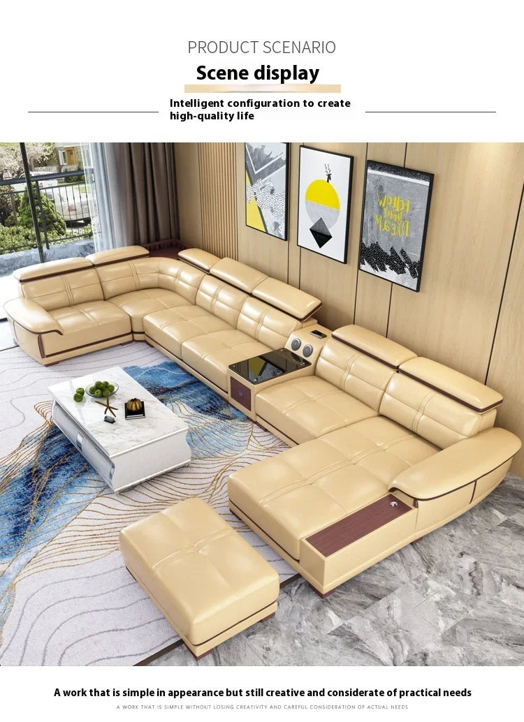 Modern Italian Genuine Leather Sofa for Living Room with Cup Holder, USB, Adjustable Headrests & Bluetooth Speaker - Linlamlim
