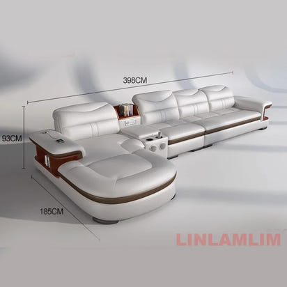 Modern L-Shaped Sectional Sofa with Chaise, Luxury Italian Genuine Leather Couch with adjustable headrest, Storage, USB, Console