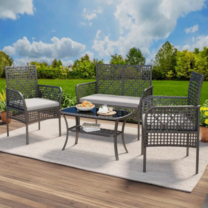 4-Piece Rattan Patio Sofa Furniture Set with Two-Tier Coffee Table, Weather-Resistant Upholstered Couch, Openwork Wicker Convers