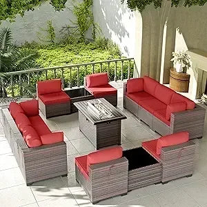 [New Arrival!Free Shipping!]"13-piece outdoor patio furniture set with 43-inch 55,000 btu gas propane fire pit table and wicker